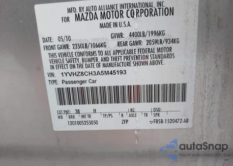 2010 Mazda Mazda6 I Touring Plus from USA, damaged, VIN 1YVHZ8CH3A5M45193